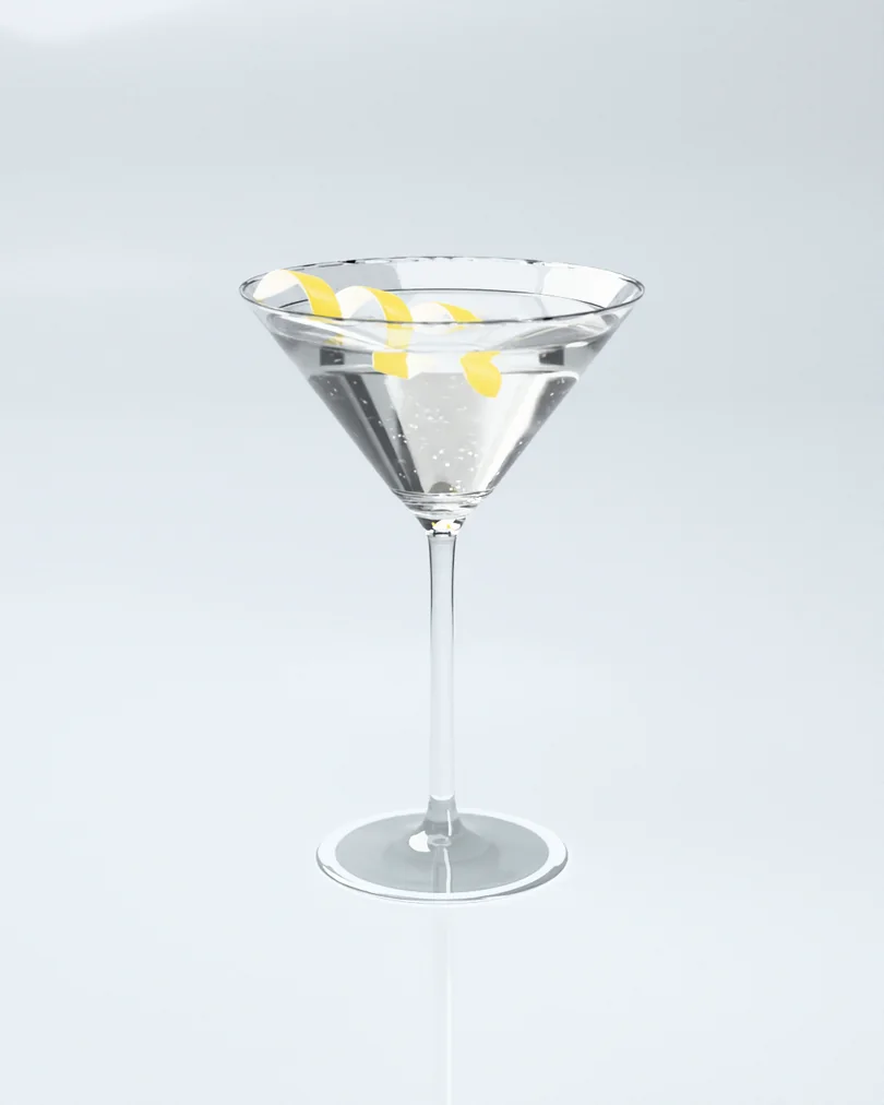 Limon kabuğuyla süslenmiş, berrak bir Dry Martini kadehi